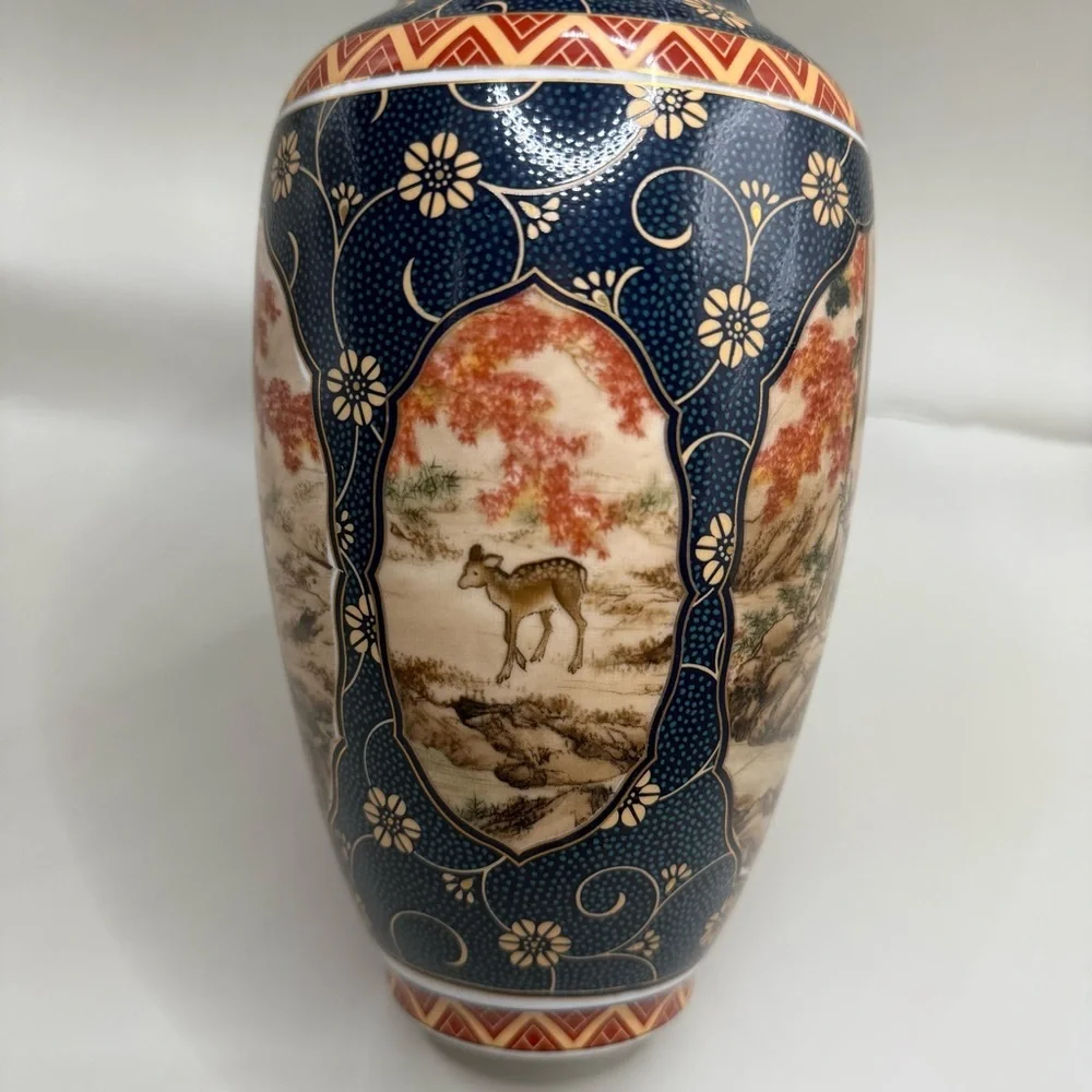 Japanese Style Fall Deer Blue Porcelain Decorative Ceramic Vase 10” Tall